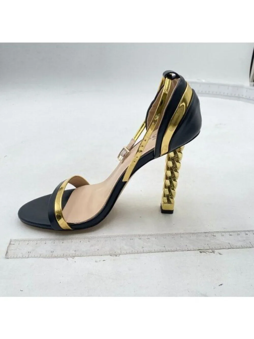 FSJ Women Flower Gold Metal Chain Chunky High Heels Ankle Strap Sandals Black